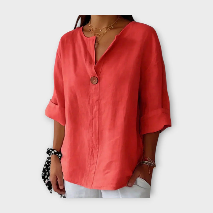 Linen Blouse with Button and V-Neck