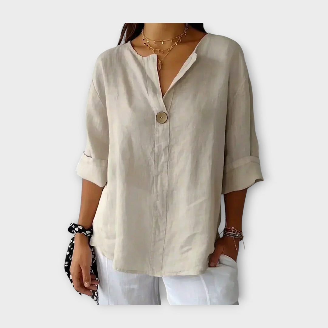 Linen Blouse with Button and V-Neck