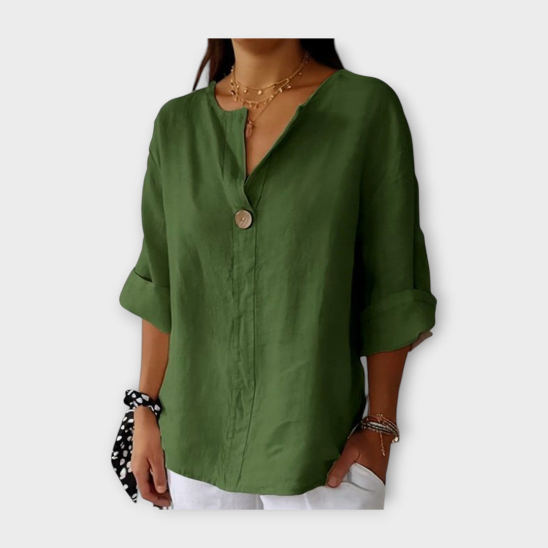 Linen Blouse with Button and V-Neck