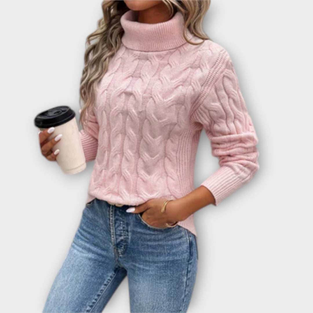 Amelia – Eleganten Pulover z Rolko iz Mrežastega Tkanja