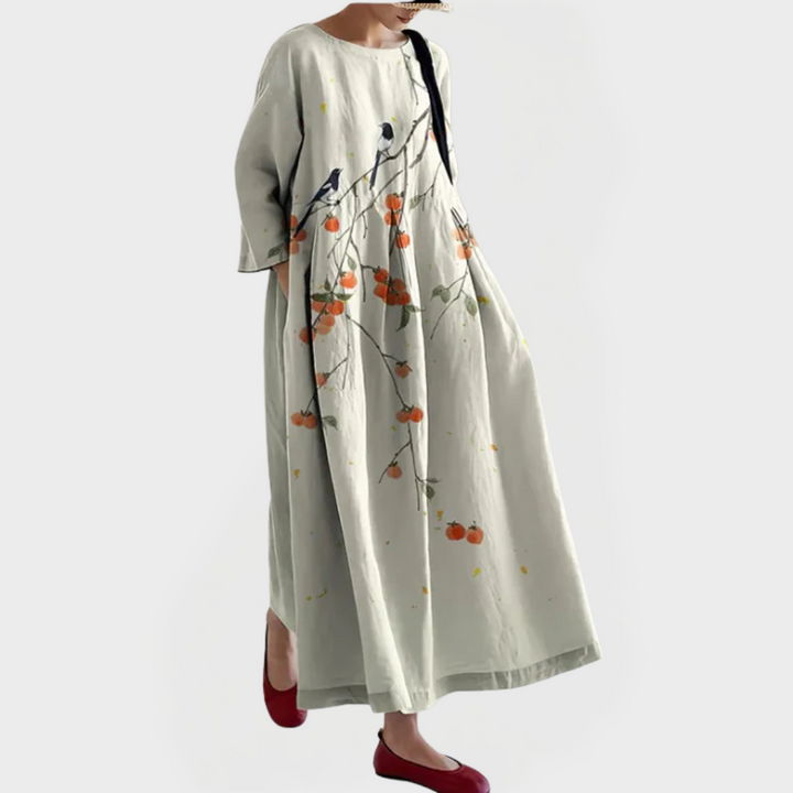 Elegantna Maxi obleka iz lana s čipkastim vezenjem cvetlic