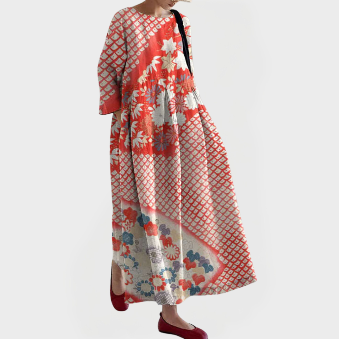 Elegantna Maxi obleka iz lana s čipkastim vezenjem cvetlic