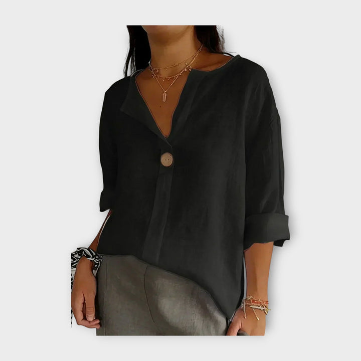 Linen Blouse with Button and V-Neck