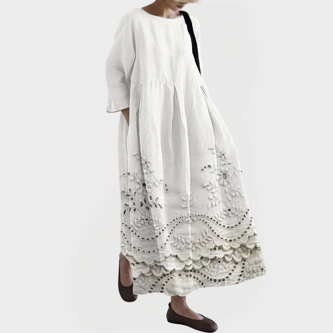 Elegantna Maxi obleka iz lana s čipkastim vezenjem cvetlic