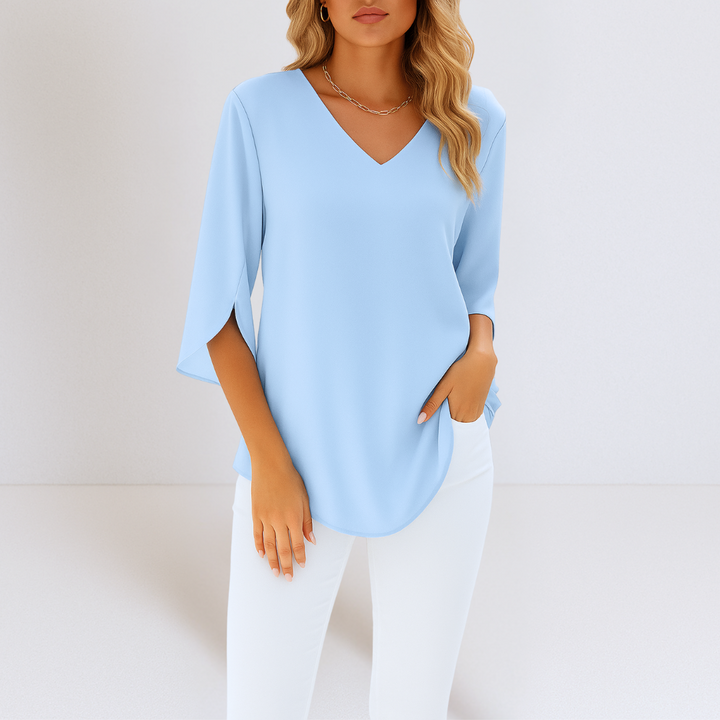 Elegantna Bluza z V-Izrezom in Odpiranimi Rokavi