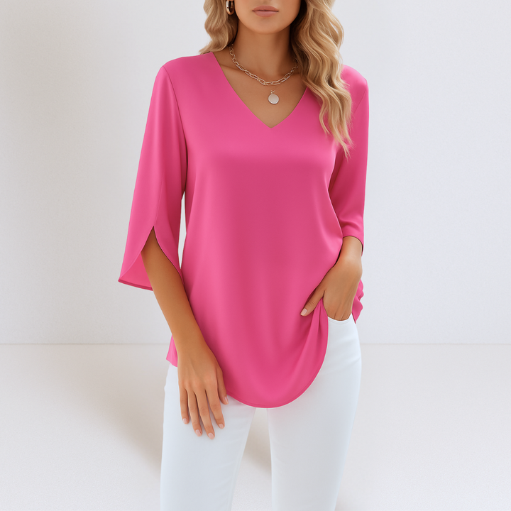 Elegantna Bluza z V-Izrezom in Odpiranimi Rokavi