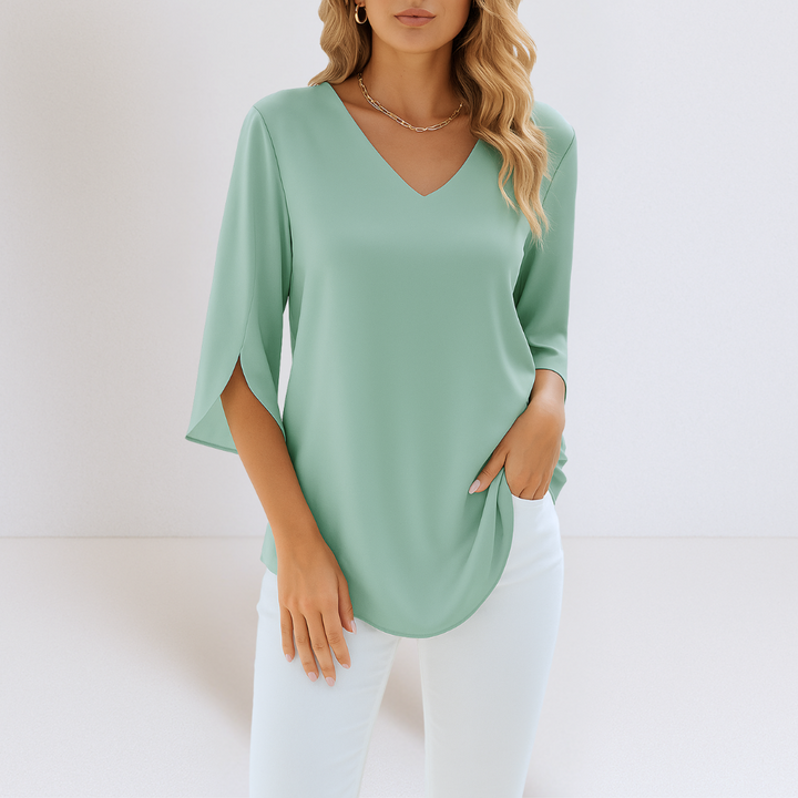 Elegantna Bluza z V-Izrezom in Odpiranimi Rokavi