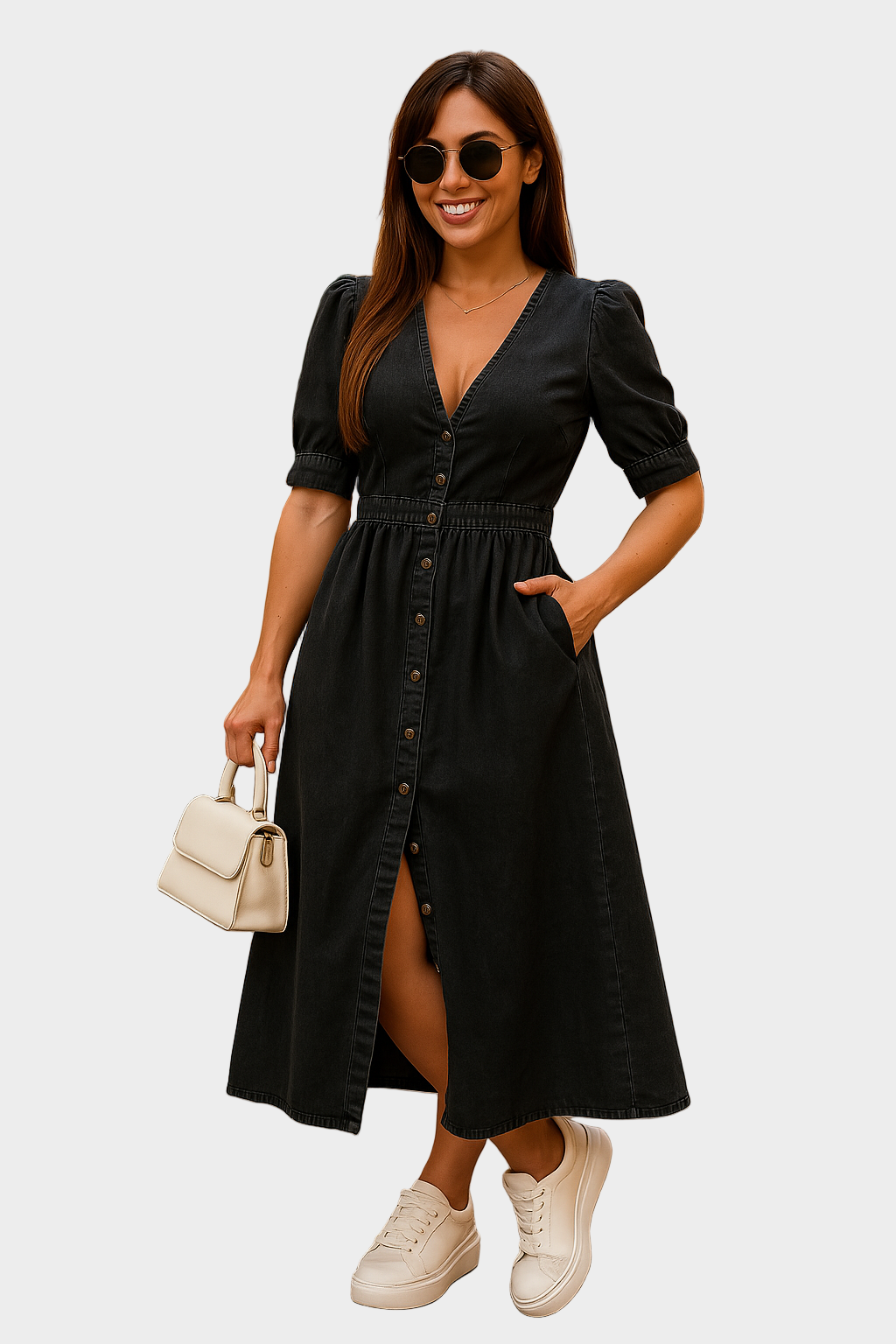 Denim Maxi Obleka z Gumbi