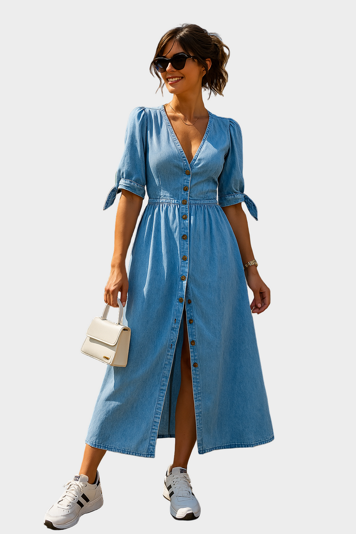 Denim Maxi Obleka z Gumbi