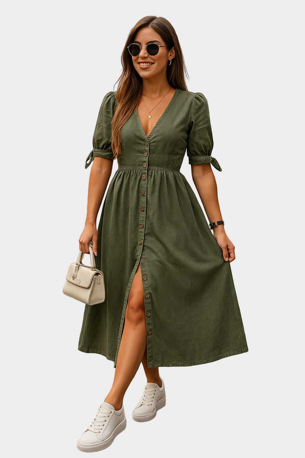 Denim Maxi Obleka z Gumbi