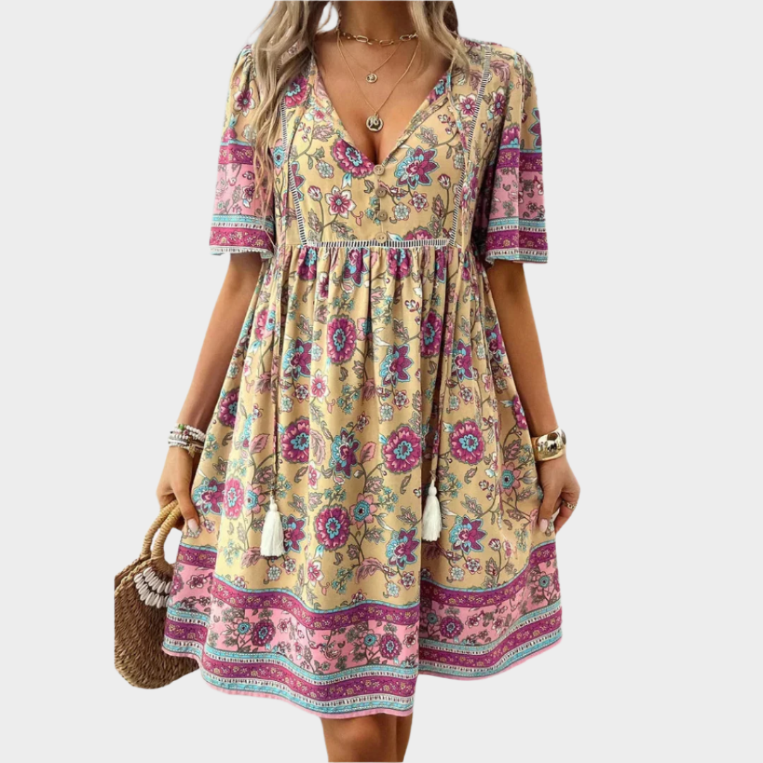 Boho Zračna Obleka z Motivom in Vezenjem