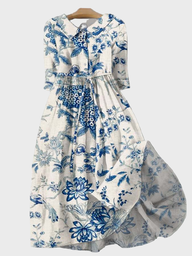 Porcelanska Obleka s Cvetličnim Motivom