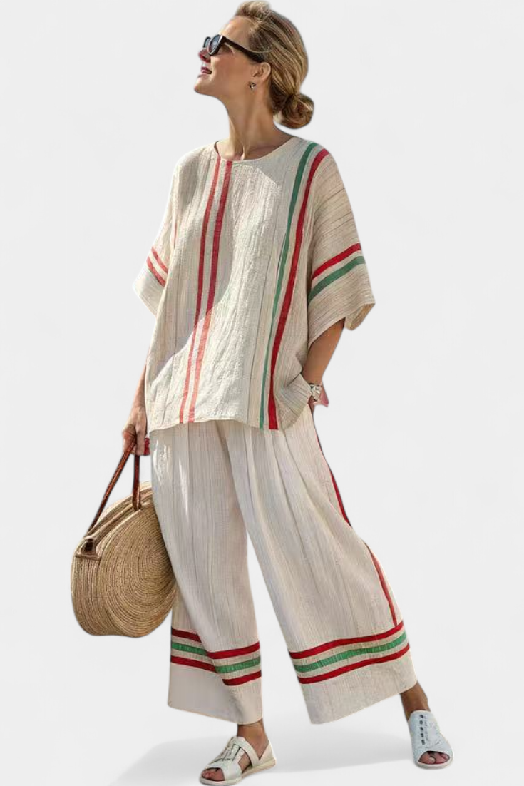 Daisy komplet iz lanu in bambusa z elegantnimi rdečimi in zelenimi vzorci
