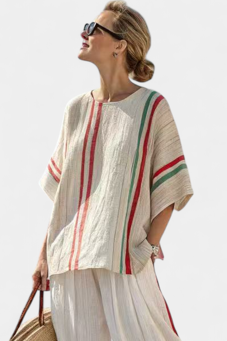 Daisy komplet iz lanu in bambusa z elegantnimi rdečimi in zelenimi vzorci