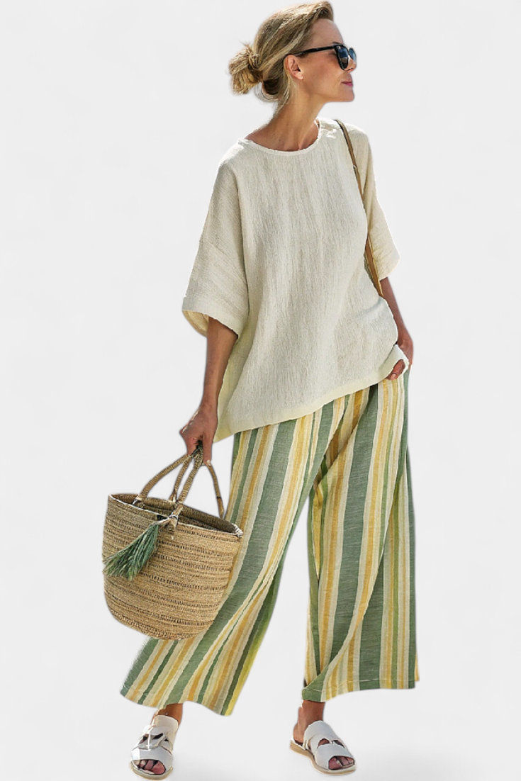 Bamboo Linen Combination Daisy Mediterranean with Olive Stripes for a Refreshing and Elegant Style