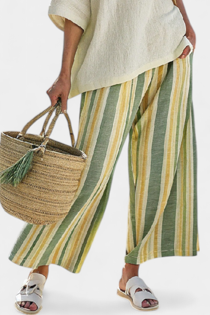 Bamboo Linen Combination Daisy Mediterranean with Olive Stripes for a Refreshing and Elegant Style