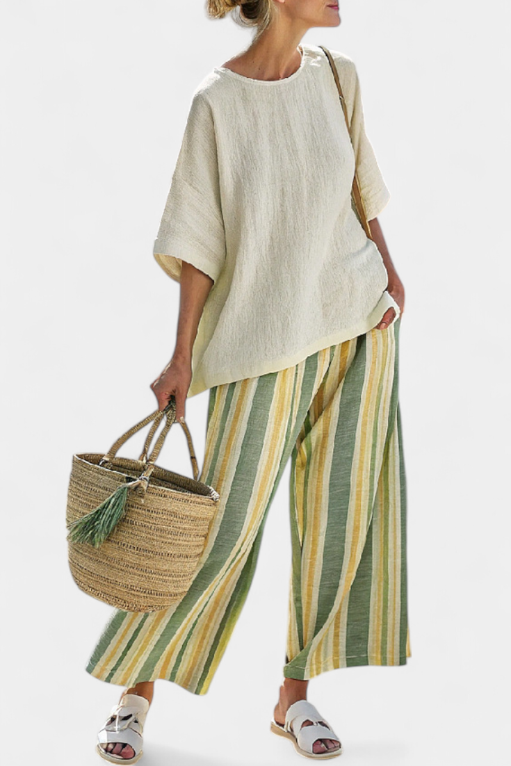 Bamboo Linen Combination Daisy Mediterranean with Olive Stripes for a Refreshing and Elegant Style