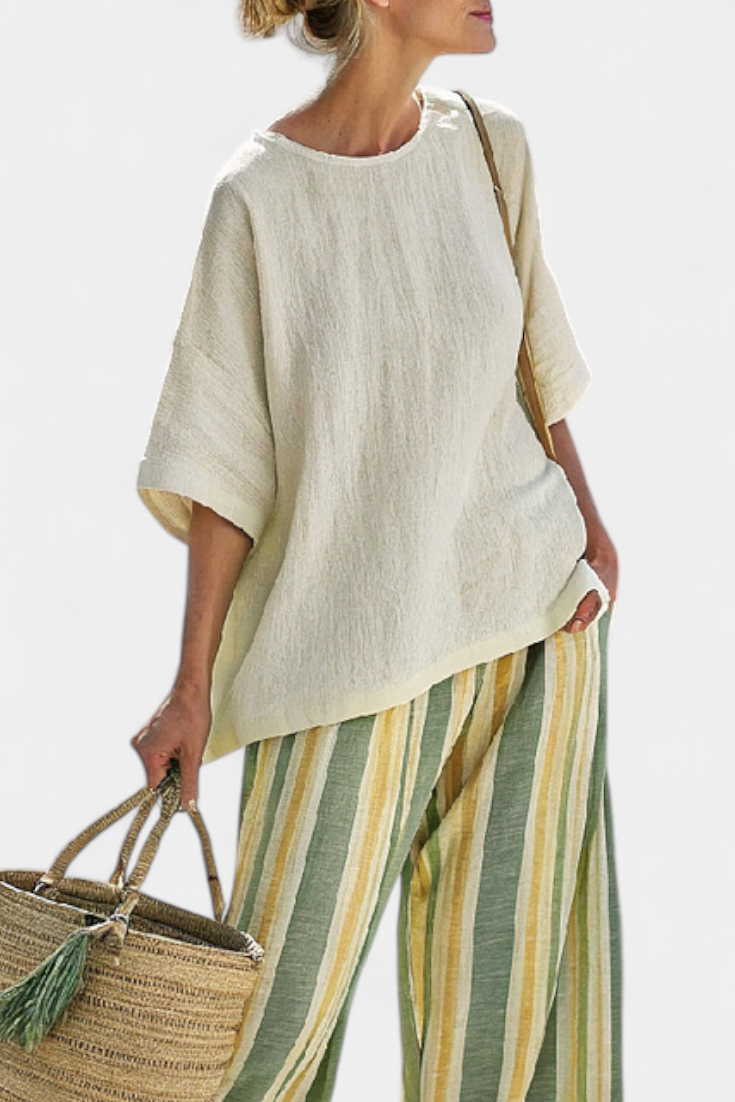 Bamboo Linen Combination Daisy Mediterranean with Olive Stripes for a Refreshing and Elegant Style
