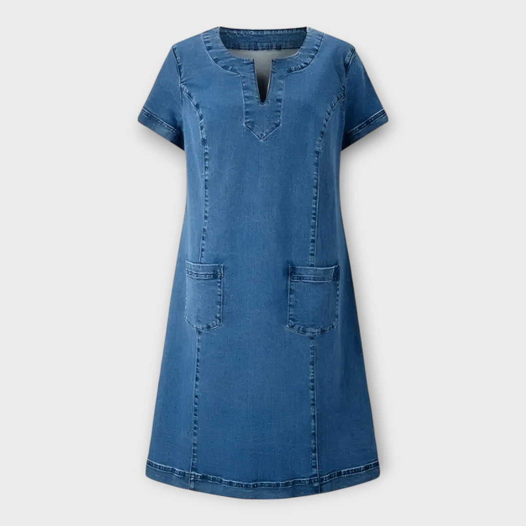 Denim obleka z žepi in V-izrezom
