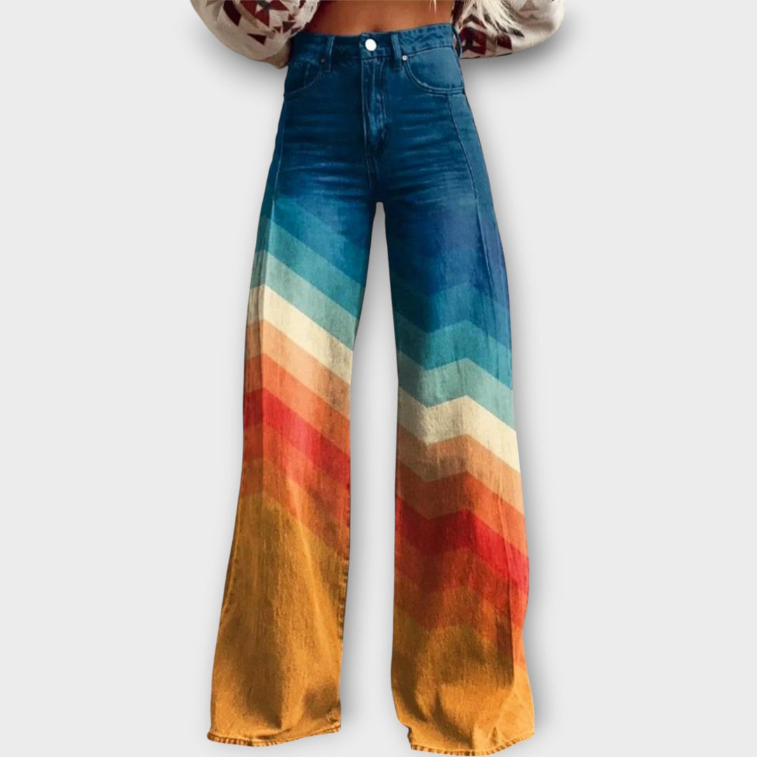 Jeans hlače z živahnimi geometrijskimi motivi