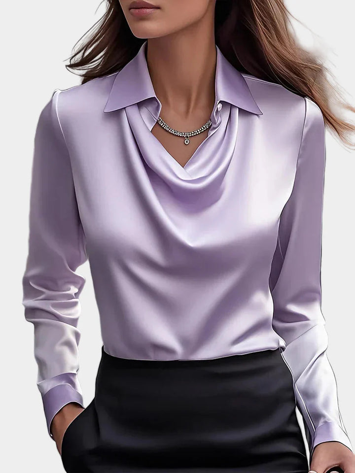 Elegantna Bela Satenska Bluza z Draperjem