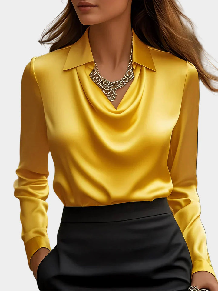 Elegantna Bela Satenska Bluza z Draperjem