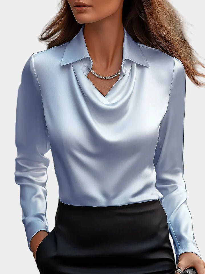 Elegantna Bela Satenska Bluza z Draperjem