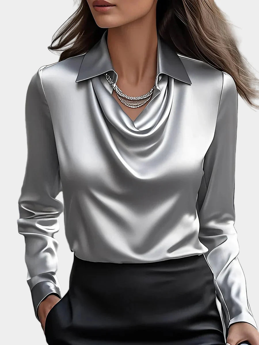 Elegantna Bela Satenska Bluza z Draperjem