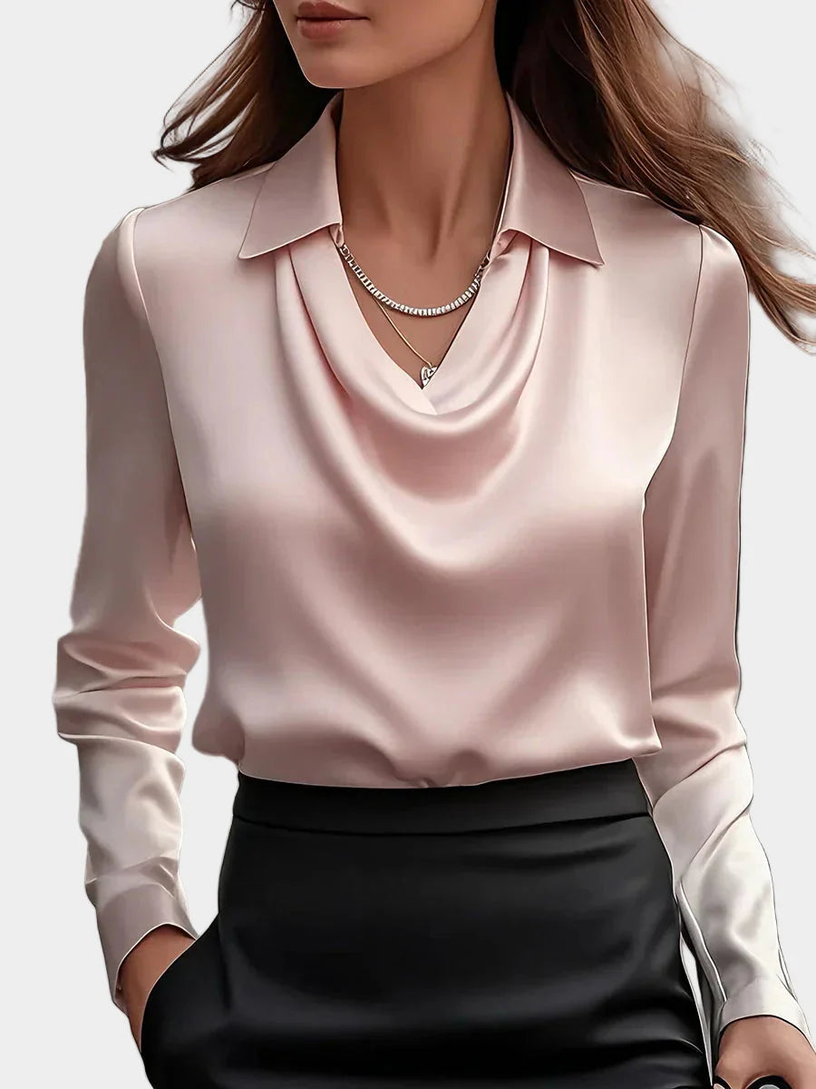 Elegantna Bela Satenska Bluza z Draperjem