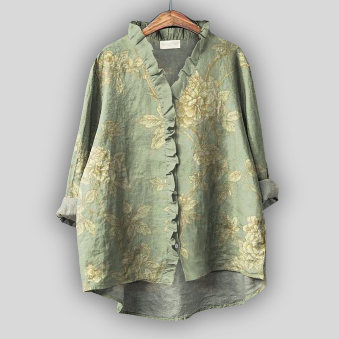 Linen Blouse in Golden Green Cloud
