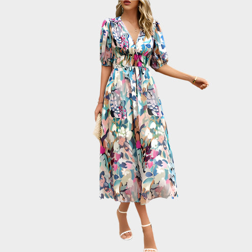 Elegantna Midi Obleka z Puff Rokavi