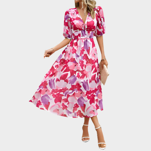 Elegantna Midi Obleka z Puff Rokavi