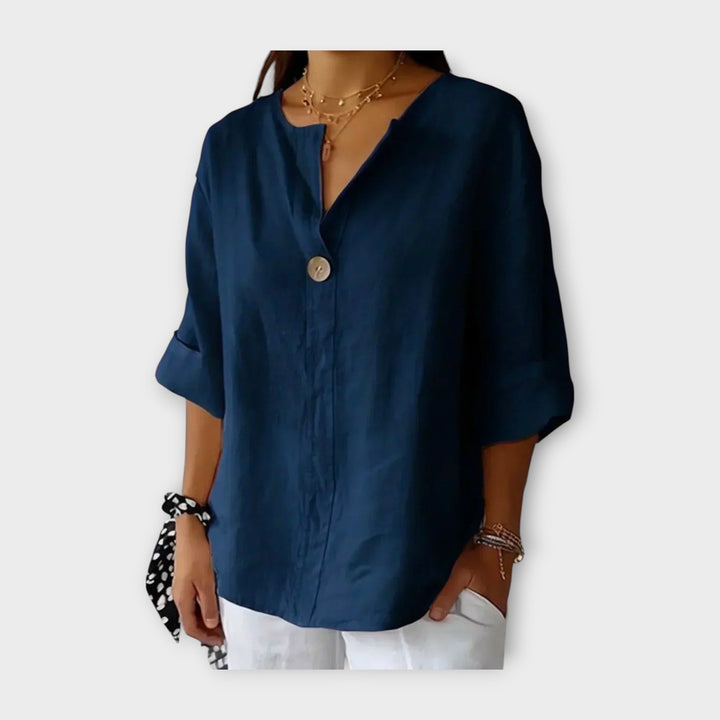 Linen Blouse with Button and V-Neck