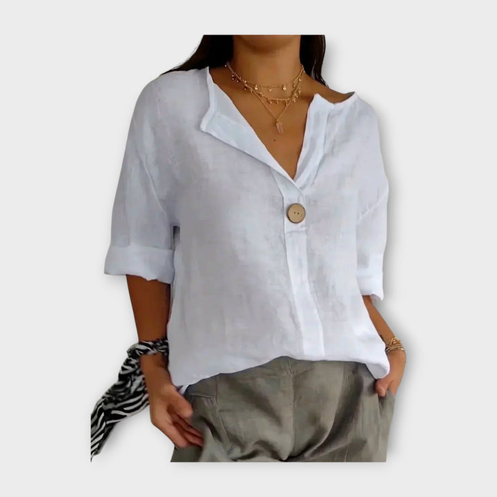 Linen Blouse with Button and V-Neck