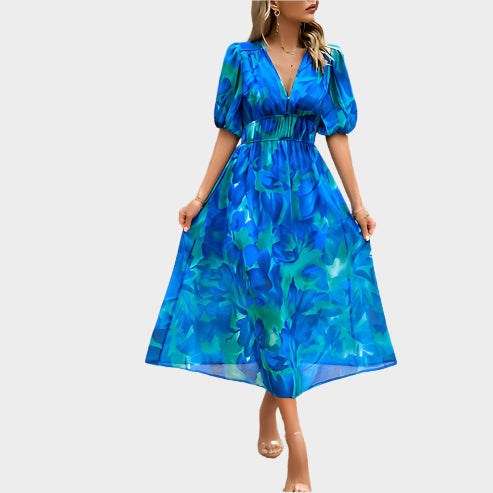 Elegantna Midi Obleka z Puff Rokavi