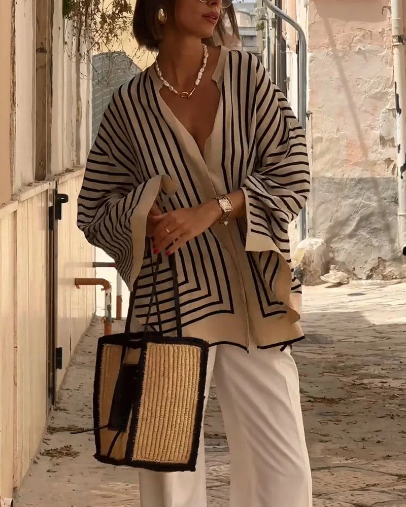 Elegantna Srajca z Rjavimi Črtami